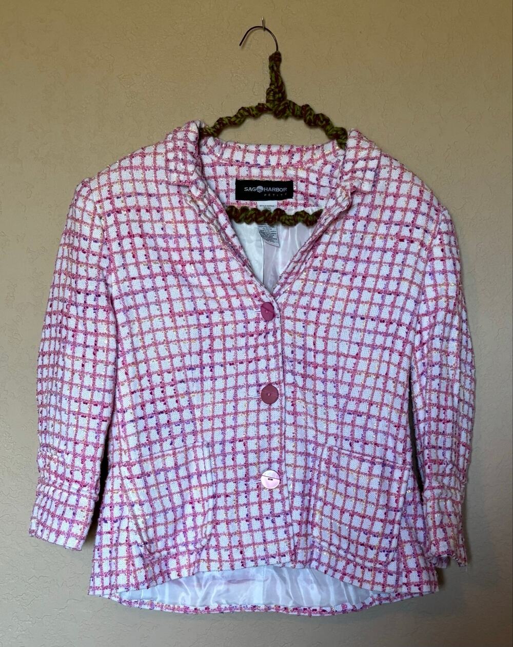 Vintage Sag Harbor Petite Pink Plaid Tweed Women's Blazer jacket Size 6P